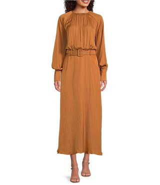 Gibson & Latimer Moonshadow Satin Ruched Crew Neck Long Sleeve Belted Blouson Maxi Dress | Dillar... | Dillard's
