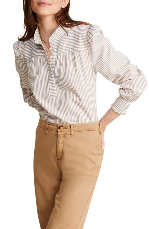 vineyard vines Ruffle Collar Poplin Popover Shirt in Feeder Khaki White at Nordstrom, Size Medium | Nordstrom