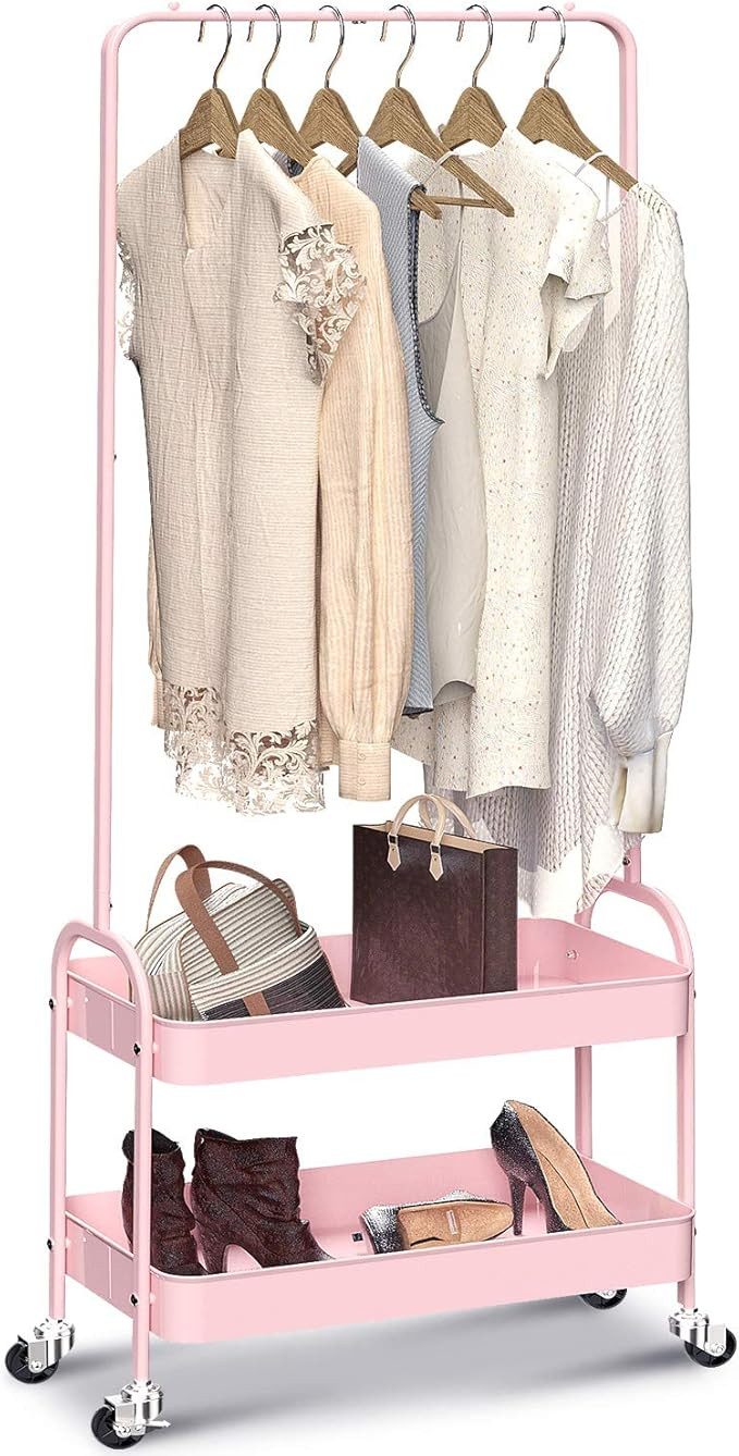 KINGRACK 2-in 1 Garment Rack, Clothing Rack with 2 Tier Metal Basket, Rolling Storage Cart Clothe... | Amazon (US)