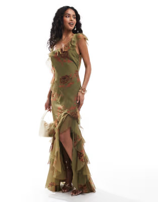 ASOS DESIGN asymmetric shoulder bias cut maxi dress with ruffle details in floral print | ASOS (Global)