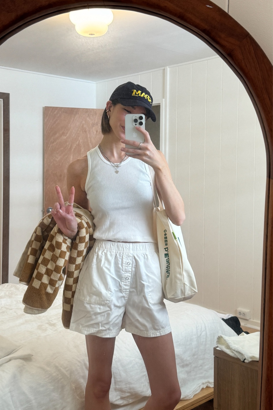 Tank: brandy Melville, shorts: Saturdays NYC, tote: B.eautiful 