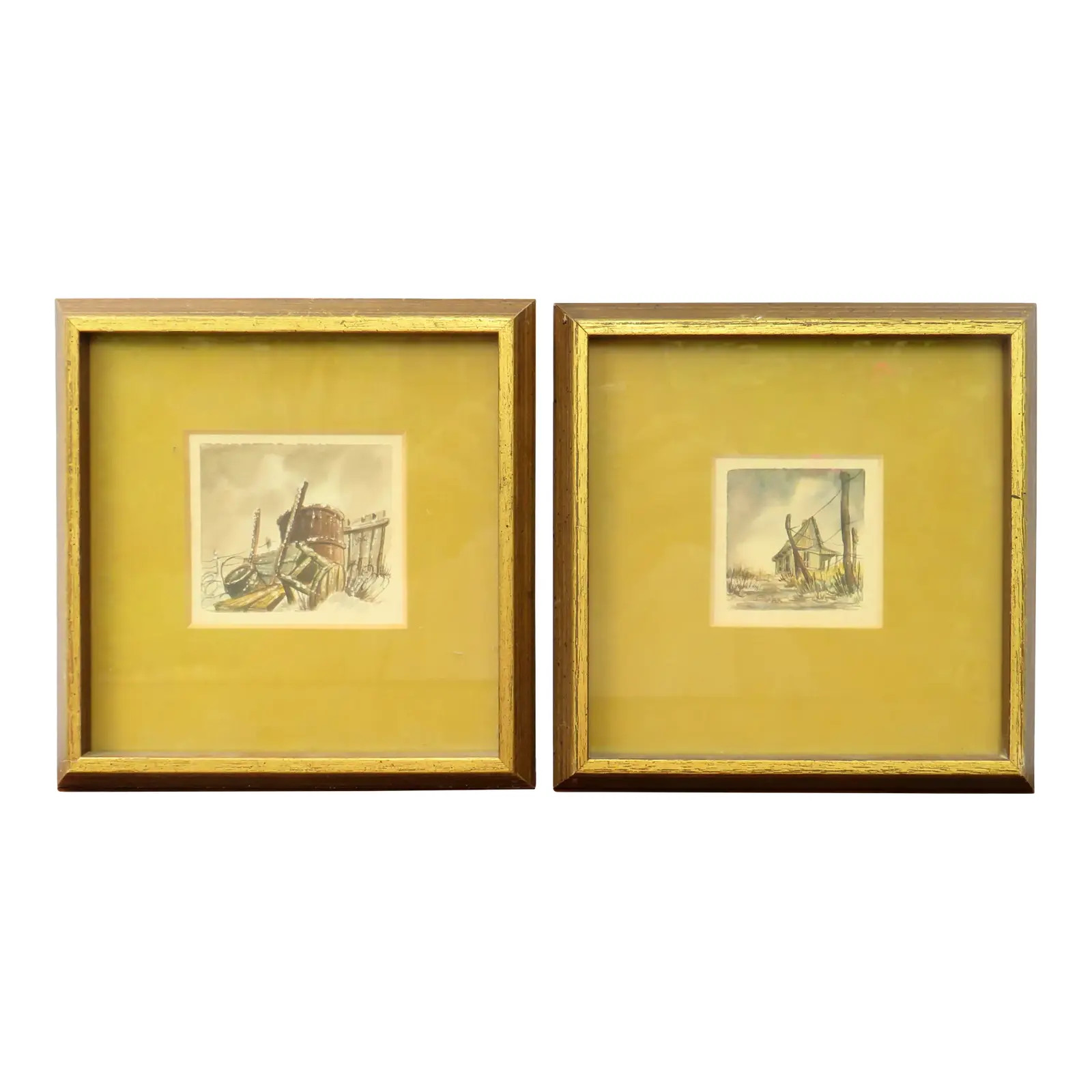 Vintage Framed Farmhouse Watercolor Prints, Pair | Chairish