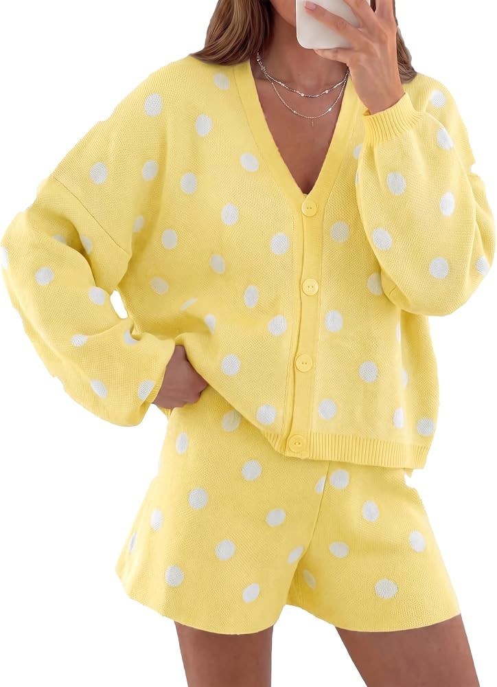Tankaneo Womens 2 Piece Outfits Polka Dot Shorts Sets Knit Cardigan Sweater | Amazon (US)
