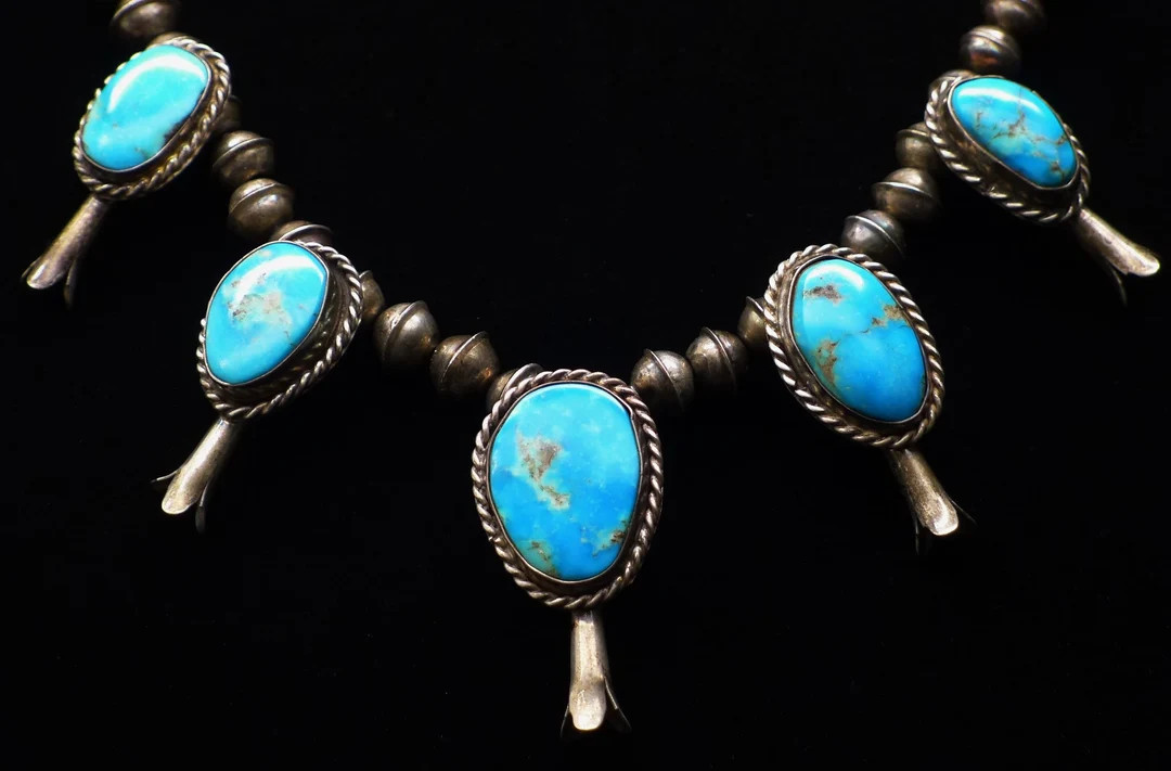 Navajo Sterling Silver Turquoise Squash Blossom Necklace - Etsy | Etsy (US)