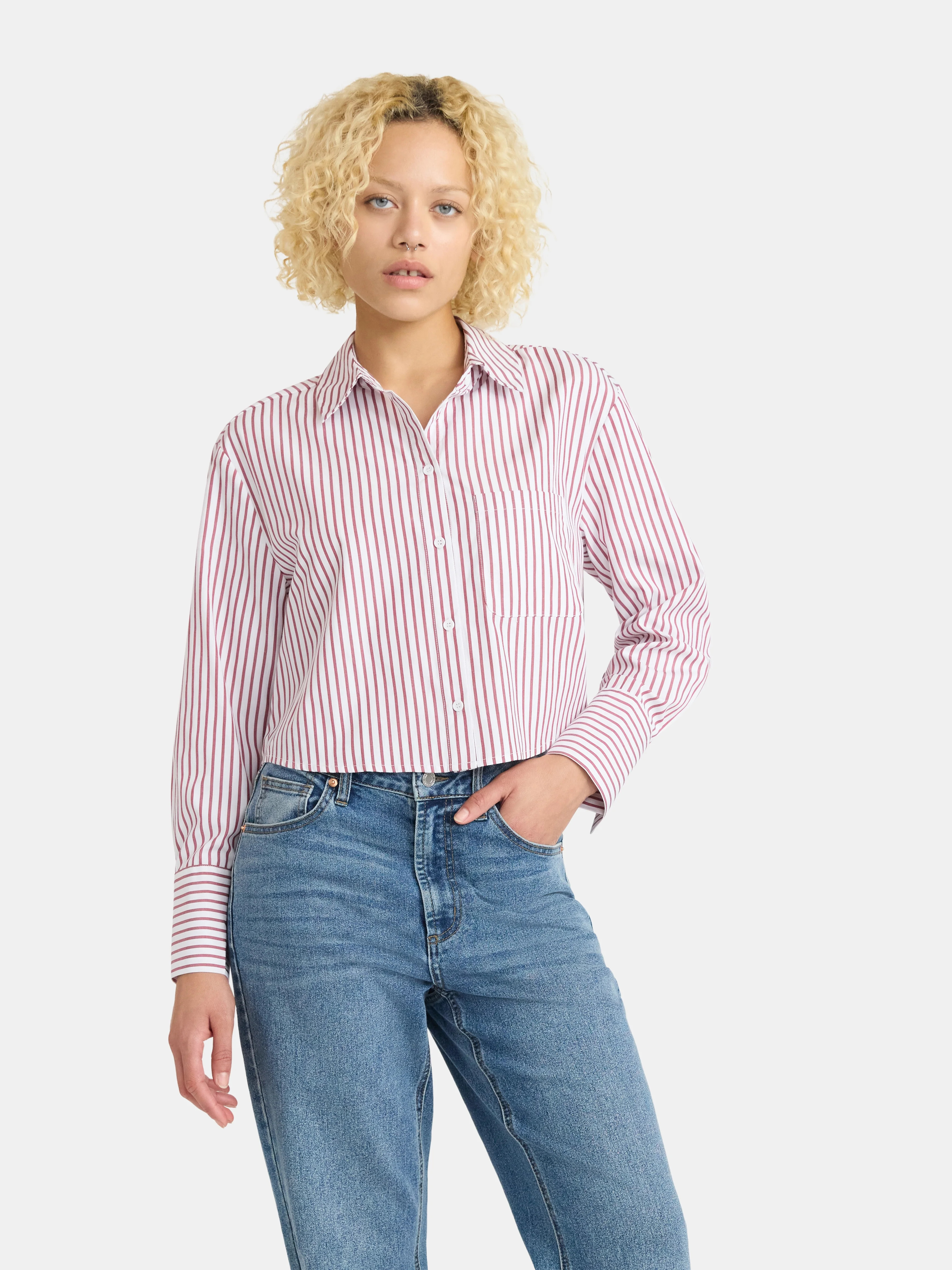 No Boundaries Button Front Cropped Shirt with Long Sleeves, Women’s | Walmart (US)