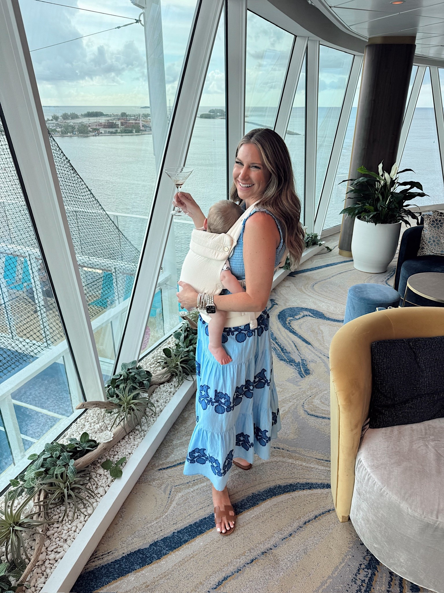 Cruise ootd! In a medium smocked top maxi, sandals and accessories- fits tts. Storms carrier and set are linked too! 

#LTKBaby #LTKTravel #LTKStyleTip