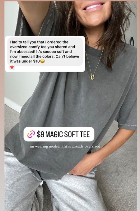 My $9 magic soft tee has been a bestseller - it’s seriously the best! Perfectly oversized and so comfy for lounging and bed. Obsessed 🤩 I’m wearing size medium. 

Comfy outfit, comfy style, soft tee, comfy tee, comfy tshirt, oversized tee, mom outfit, school drop off outfit, Walmart, Walmart tee, initial necklace, Christine Andrew 

#LTKstyletip #LTKfindsunder50 #LTKGiftGuide