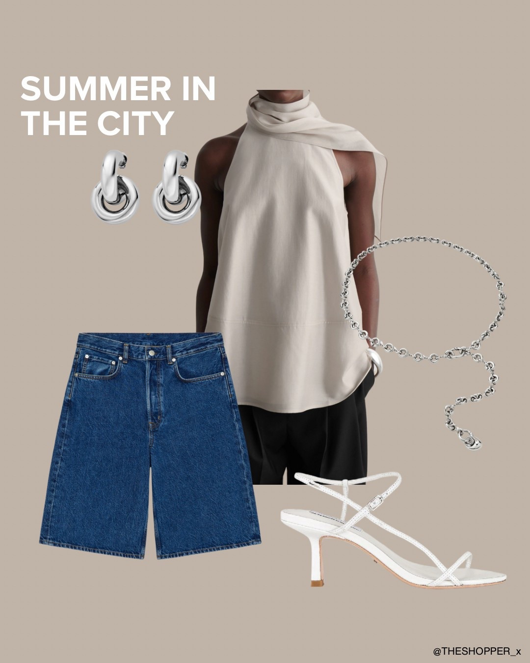Summer In The City
Sleeveless halterneck blouse, denim shorts, silver hoop earrings, body silver chain, white strappy heels

#LTKsummer #LTKuk #LTKspring