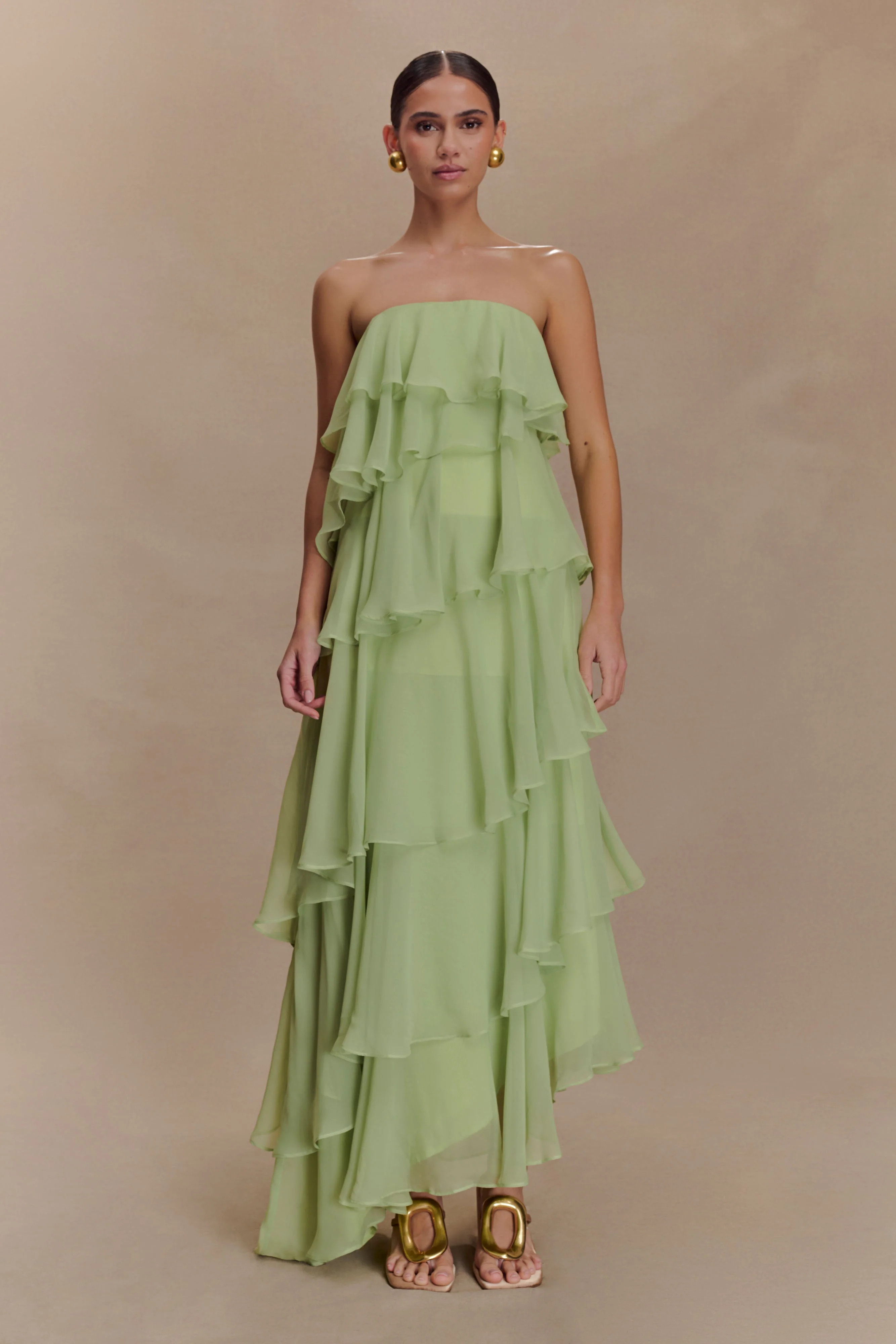 Alexa Ruffle Chiffon Maxi Dress - Pastel Lime | MESHKI US