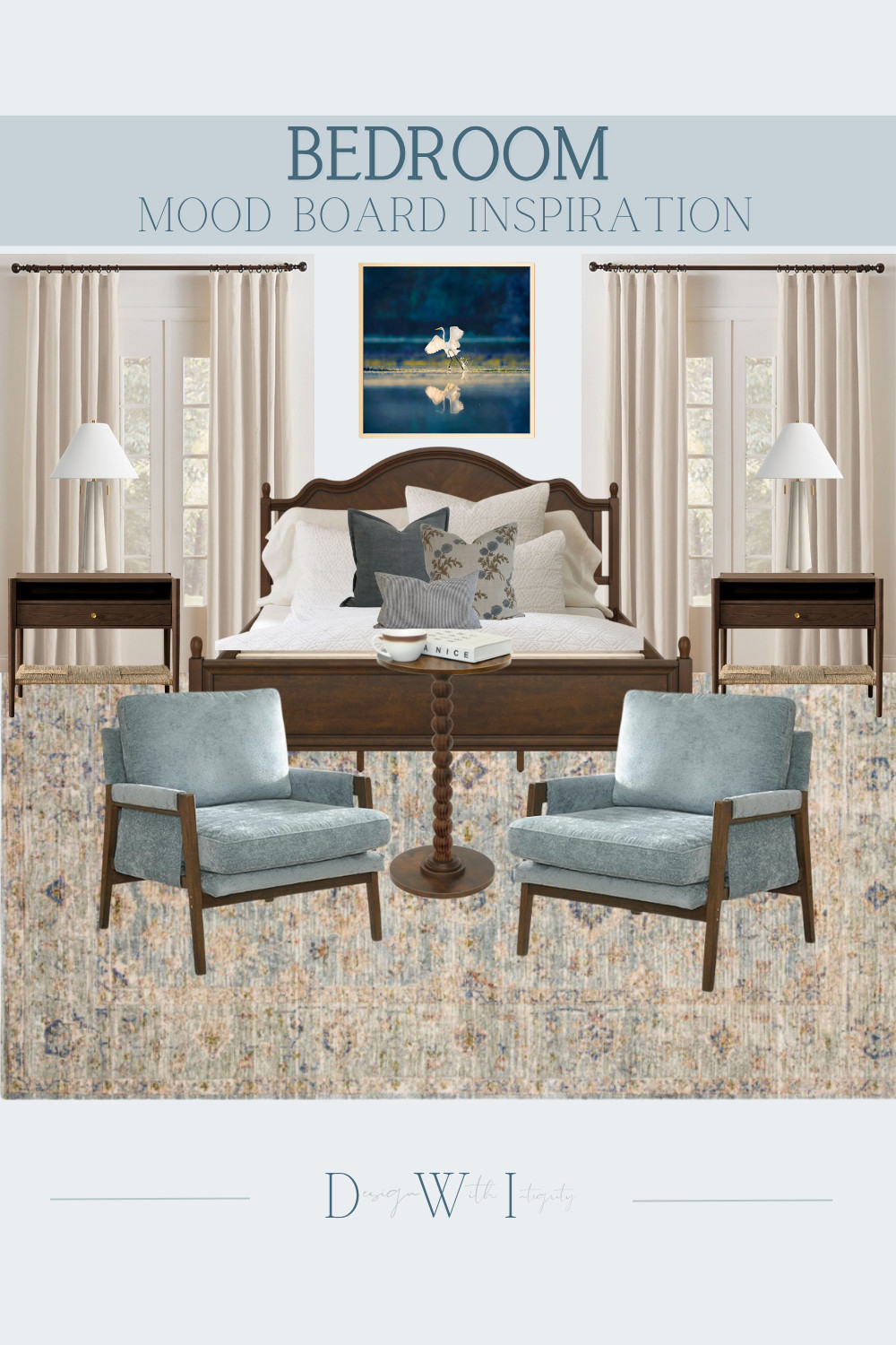 This bedroom mood board layers deep walnut tones, soft blue accents, and cozy neutrals to create a space that feels warm, elevated, and effortlessly timeless. The rich wood furnishings paired with airy textiles and muted blue seating create the perfect balance of sophistication and comfort.

I love how the artwork and layered pillows bring depth and personality into the room while the cozy seating area creates a relaxing retreat feel. Every detail was chosen to create a bedroom that feels collected, calming, and beautifully livable.

Tap through to shop all selections and recreate this designer inspired bedroom in your own home.

#bedroomdecor #bedroominspiration #interiordesign #traditionalhome #blueandneutral #cozybedroom #homedecor #bedroomstyle #luxuryinteriors #ltkhome

bedroom mood board
traditional bedroom decor
blue accent bedroom
walnut bedroom furniture
cozy luxury bedroom
neutral bedroom inspiration
designer bedroom ideas
accent chair styling
layered bedding
classic home decor 

 #LTKHome