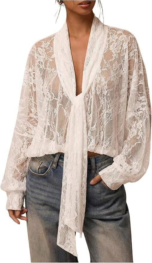 SOLY HUX Women's Lace Long Sleeve Tops Deep V Neck Sheer Mesh Top Tie Front Blouse Shirts | Amazon (US)