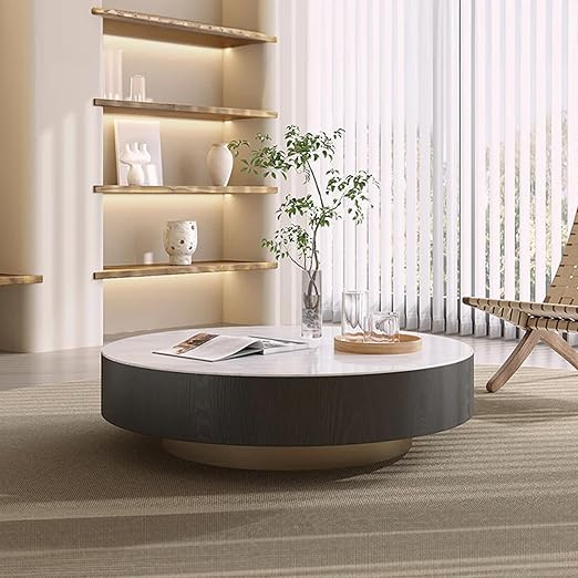 HanStrong Round Coffee Table with 2 Drawers, 35.4" Modern Wood Coffee Table with Sintered Stone, ... | Amazon (US)