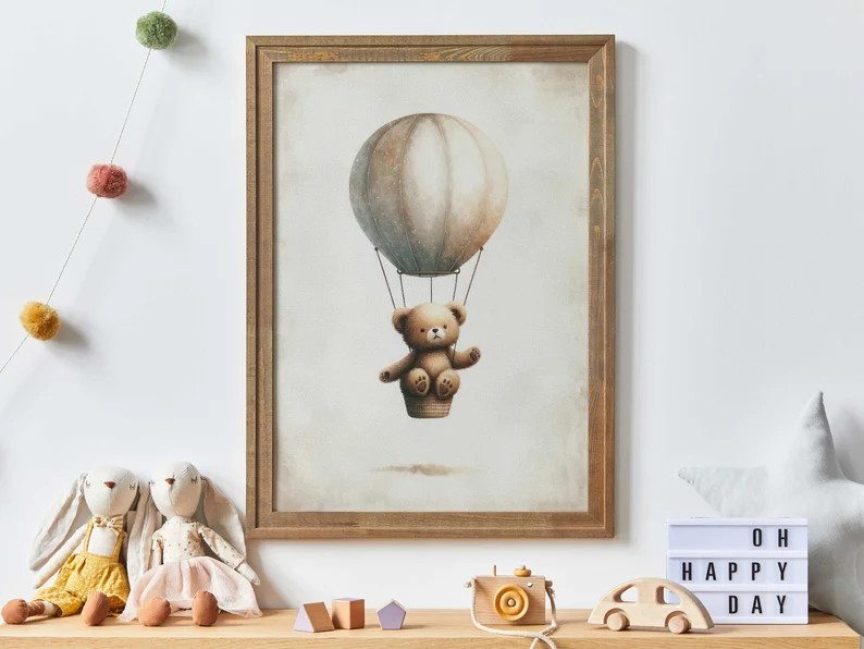 Hot Air Balloon Nursery Print, Cute Bear Nursery Art Print, Nursery Decor, Teddybear Flying Ballo... | Etsy (US)