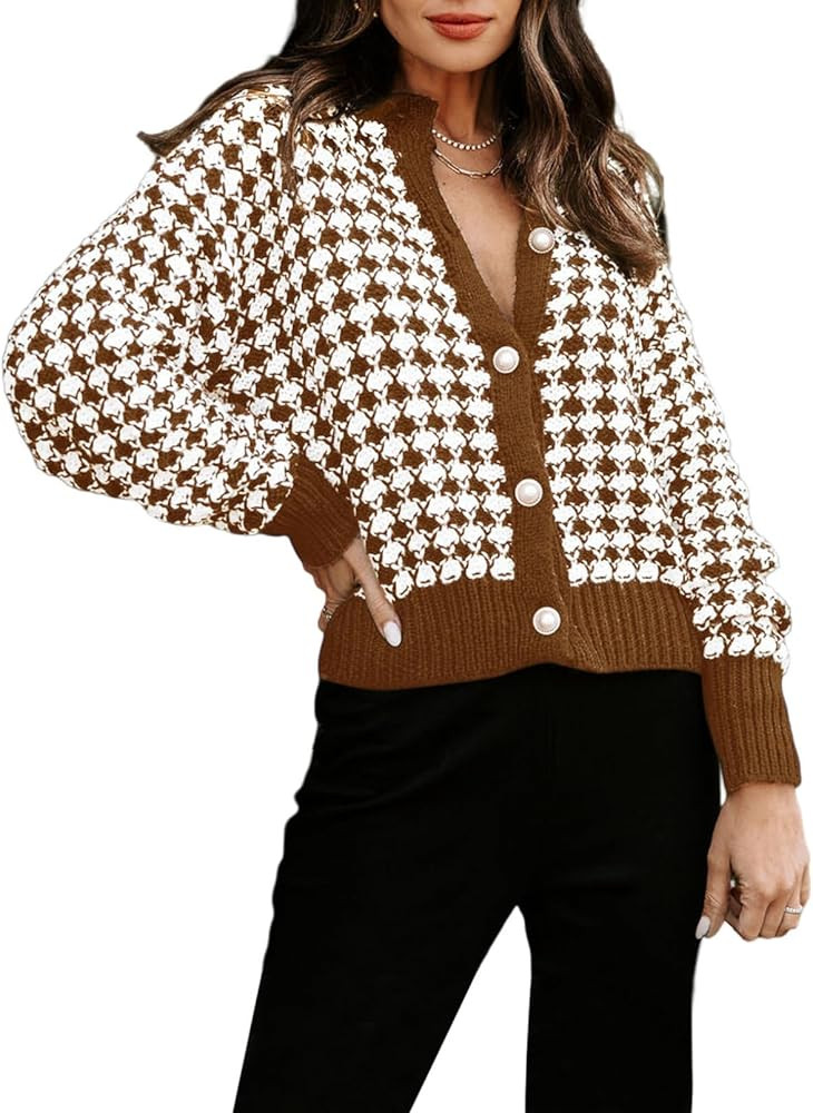 Dokotoo Cardigan Sweaters for Women V Neck Button Down Long Sleeve Plaid Knit Cardigans Sweater T... | Amazon (US)