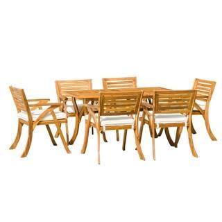 Noble House Hermosa Teak 7-Piece Wood Rectangular Outdoor Dining Set with Cream Cushions 9495 - T... | The Home Depot