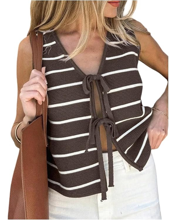 SOLY HUX Women's Sleeveless Striped Sweater Vest V Neck Tie Bow Crochet Knit Tank Tops Casual Loo... | Amazon (US)