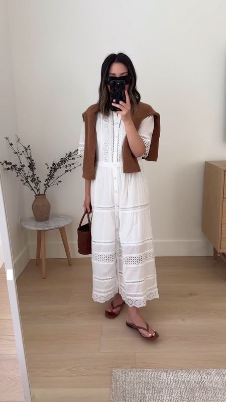 Gap lace midi dress. Really gives Doen vibes. Wearing a regular small here. Need the regular xs went with regular length bc cropped dress look less elevated IMO. On sale!

Gap dress small. Need xs 
Hermes Oran sandals 35
Sezane cardigan xs
J.crew bag 
Celine sunglasses  

Dress, spring outfit, spring style, white dress 

#LTKsalealert #LTKitbag #LTKshoecrush