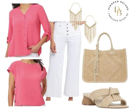 Can’t get enough of the dreamy pink with white! These gorgeous silky top with white wide leg jeans make me think about vacation time! 

#LTKover40 #LTKtravel #LTKshoecrush