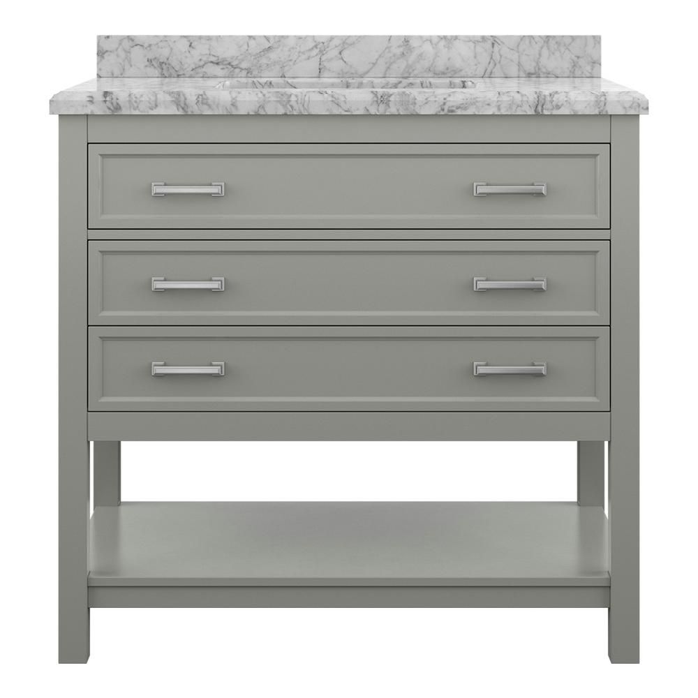 Everett 37 in. W x 22 in. D Vanity Cabinet in Grey with Carrara Marble Vanity Top in White with W... | The Home Depot
