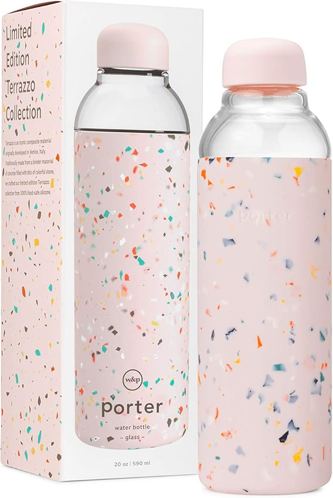 W&P Porter Glass Water Bottle w/ Protective Silicone Sleeve | Terrazzo Blush 20 Ounces | On-the-G... | Amazon (US)