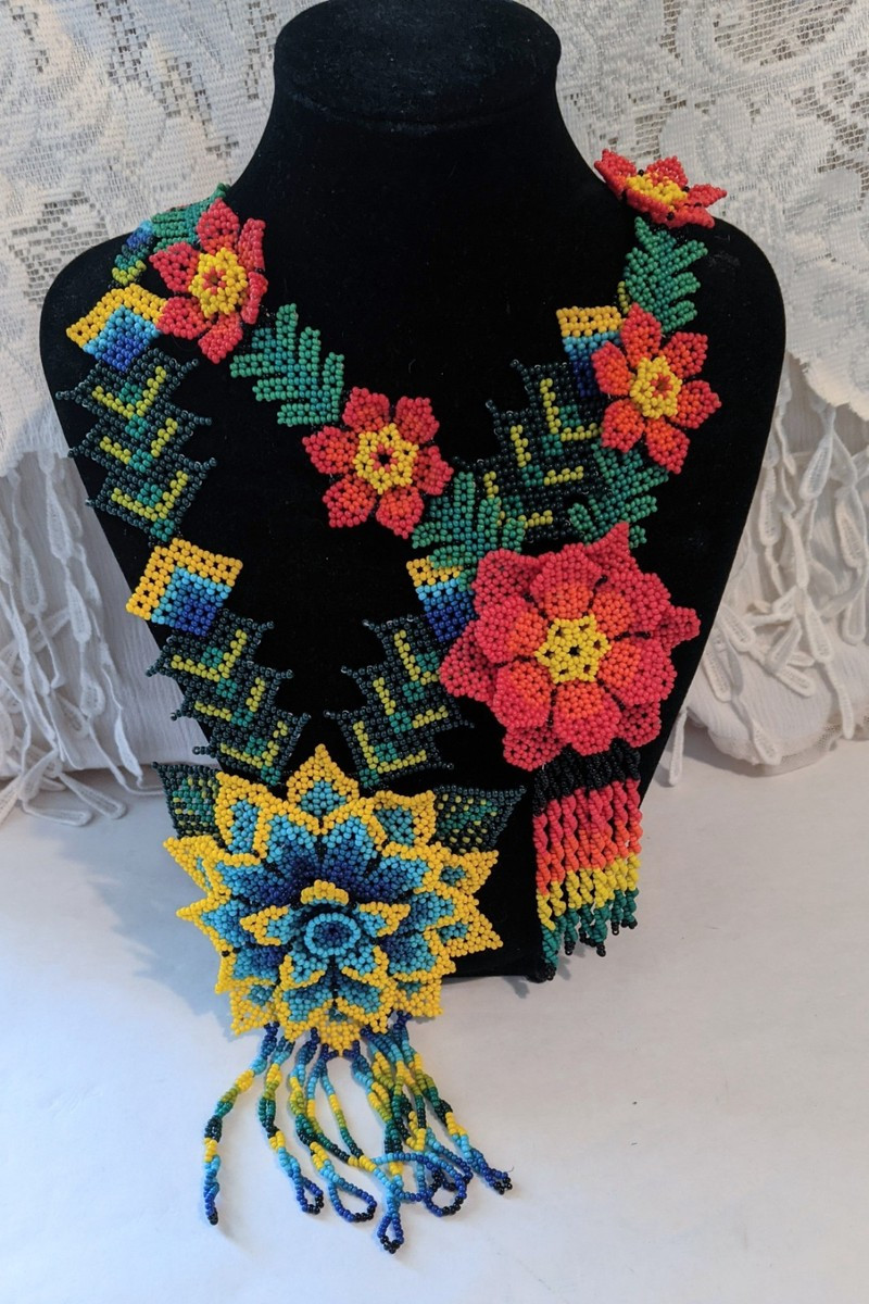 Huichol Mexican Beaded Handmade Jewelry Folk Art Peyote Cactus Flower Necklace | eBay US