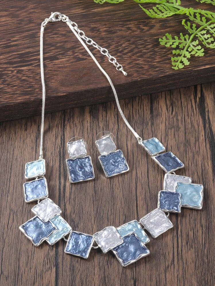 SophiaXuan 1 Set Of 2pcs Geometric Zinc Alloy Blue/Silver/Colorful Drop Oil Enamel Necklace Earrings Retro Jewelry Set, Suitable For Women, Anniversary, Vintage Party Gathering Gift | SHEIN