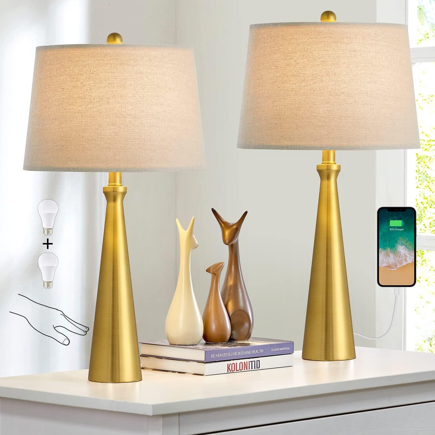 Oneach 3-Way Dimmable Touch Control Modern USB Table Lamp Set of 2 for Living Room Bedroom Bedsid... | Amazon (US)