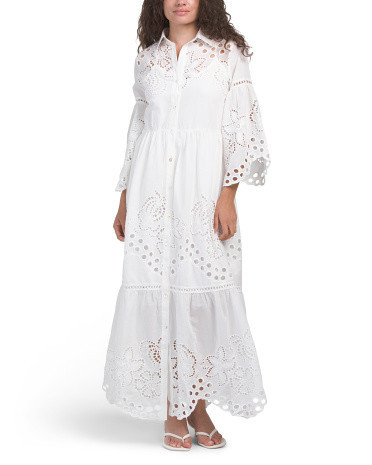 Long Sleeve Laser Cut Maxi Dress For Women, Cotton/Polyester | TJ Maxx