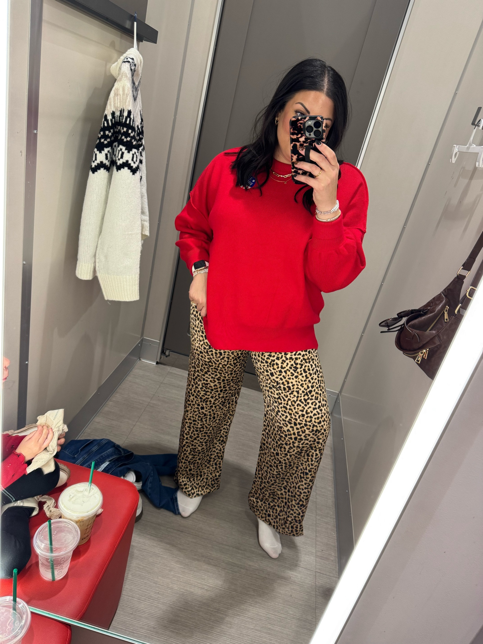 Wearing a L in these leopard print pants and they fit but they’re a little tight on my lower belly so I got an XL. Wearing an XL sweater 🩷 

#LTKSeasonal #LTKHoliday #LTKGiftGuide