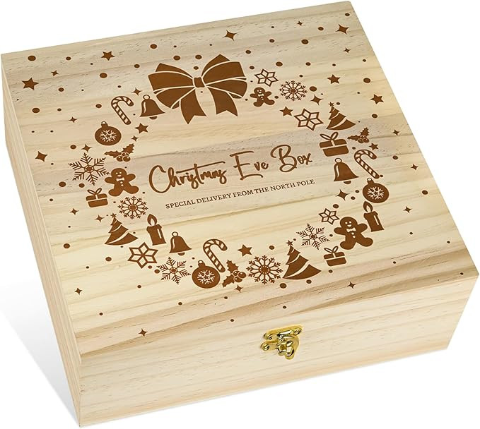 North Pole Christmas Eve Box 11x11x4" Large Santa Wooden Gift Box with Lid, Pine Wood Crate Holid... | Amazon (US)