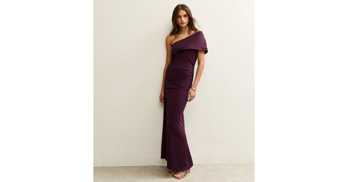 Dark Burgundy One Shoulder Ruched Maxi Dress | New Look | New Look (UK)