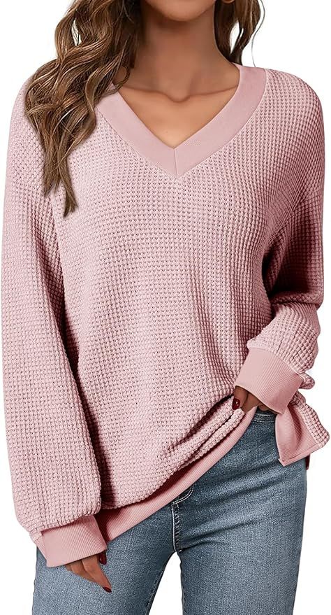 Dokotoo Womens Oversized Sweaters Long Sleeve Waffle Knit Tops V Neck Fall Outfits Clothes 2024 | Amazon (US)