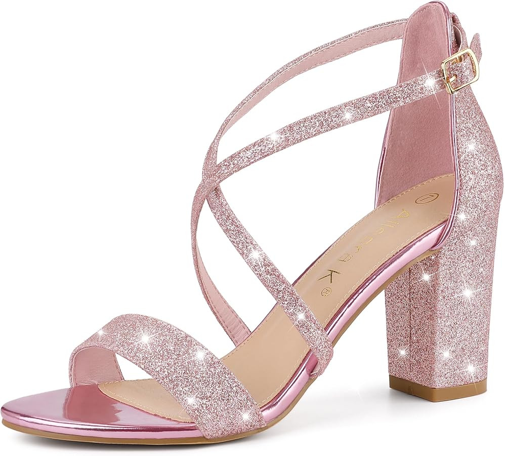 Allegra K Women's Glitter Crisscross Strap Block Heels Sandals | Amazon (US)