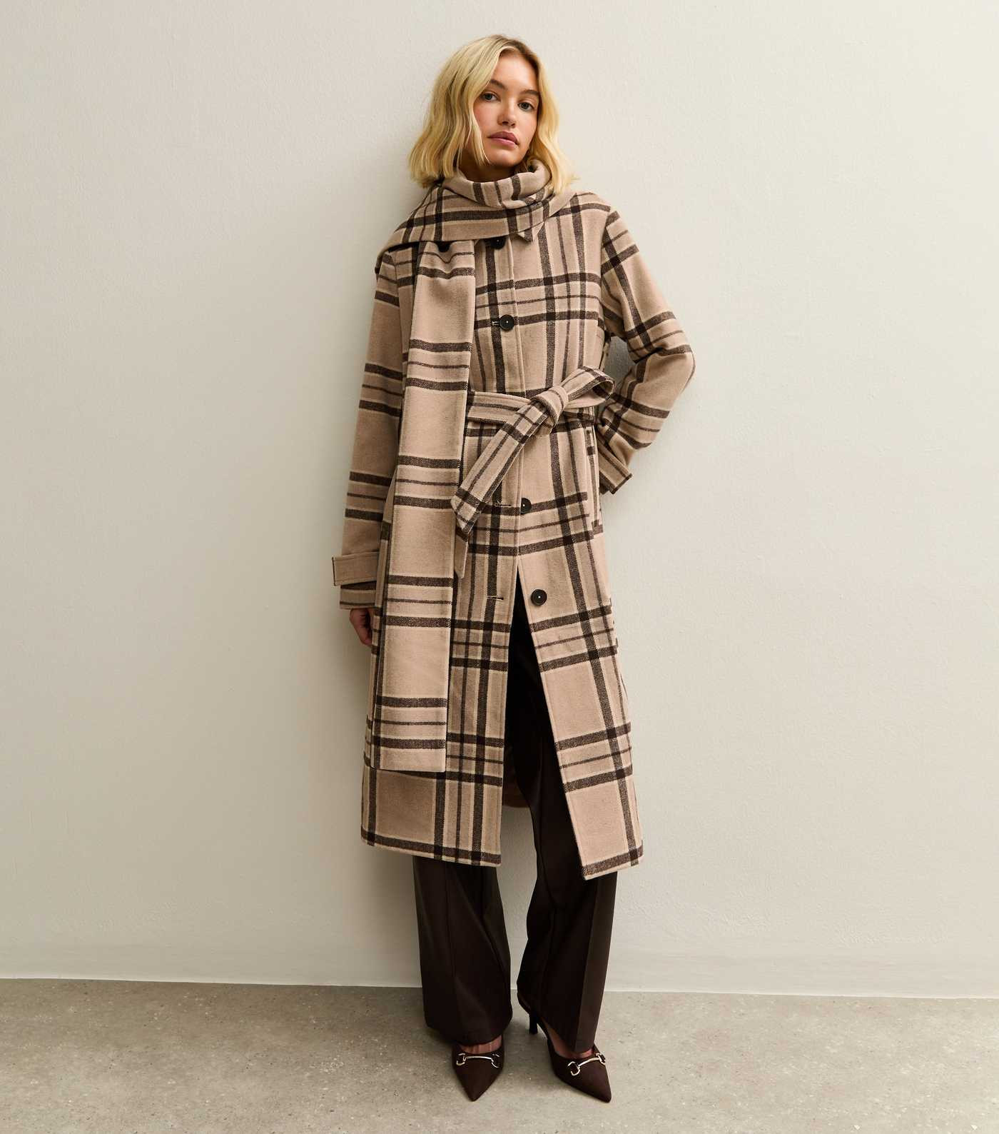 Beige Checked Collared Jacket and Matching Scarf | New Look | New Look (UK)