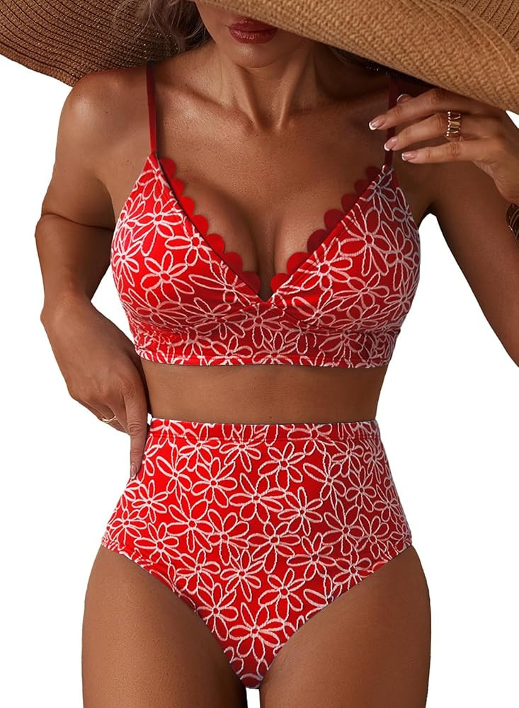 Herseas Women's Embroidered Flowers Bikini Sets Scalloped V Neck Swimsuits High Waisted Bathing S... | Amazon (US)