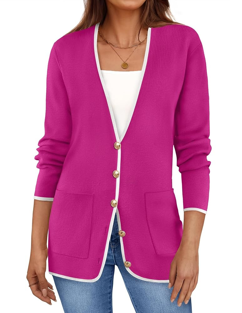 ZESICA Women's Fall Fashion Cardigan Sweaters Long Sleeve Button Open Front Color Block Coatigan ... | Amazon (US)