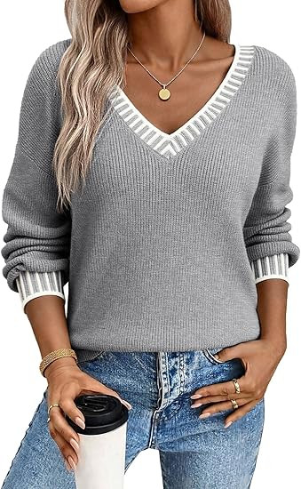 Dokotoo Womens Sweaters Casual V Neck Long Sleeve Contrast Knit Pullover Sweater Solid Fall Outfi... | Amazon (US)
