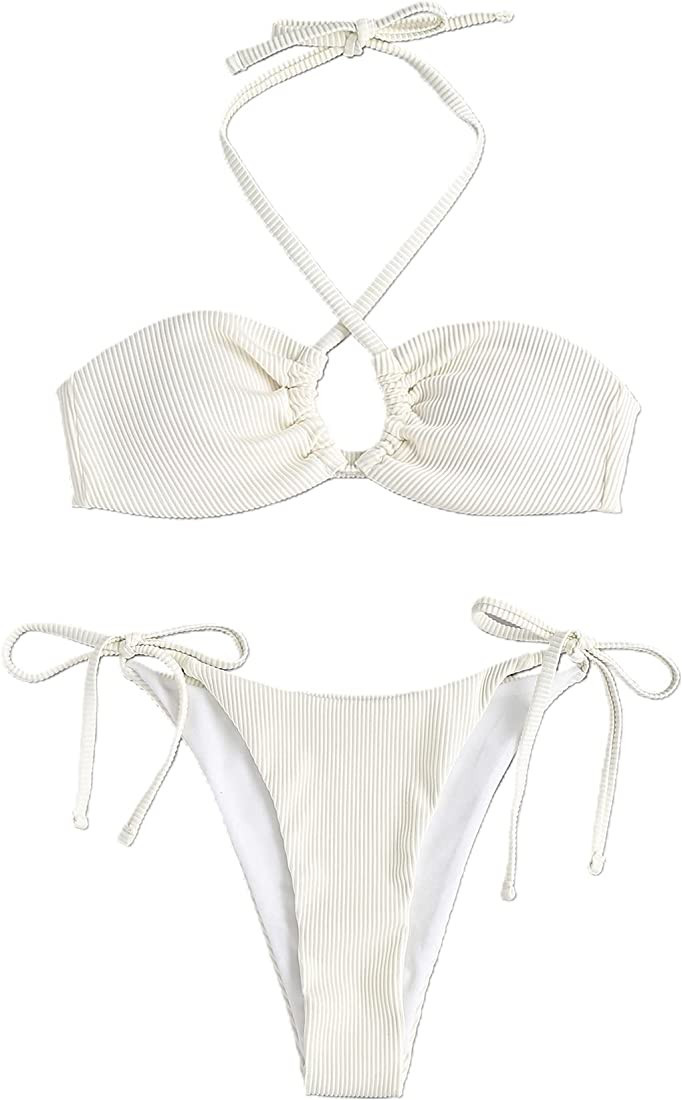 OYOANGLE Women's Two Piece Bathing Suit Textured Cut Out Halter Tie Side Bikini Swimsuit | Amazon (US)
