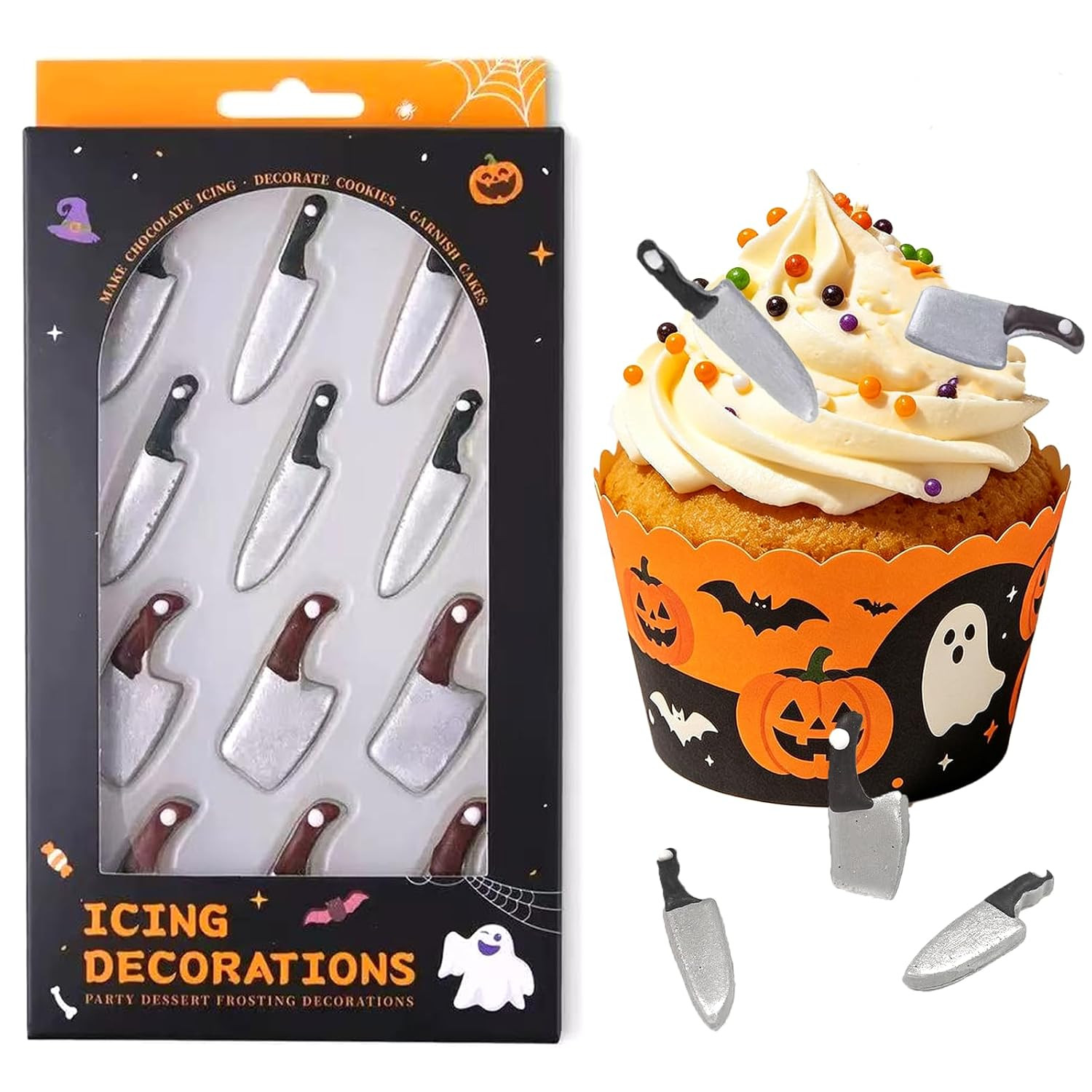 PhilaeEC 12 Pcs Halloween Knives Icing Decoration Edible Candy Halloween Sprinkle for Cake Decoration Baking Cookie Cupcake Toppers Ice Cream Desserts Supplies | Amazon (US)