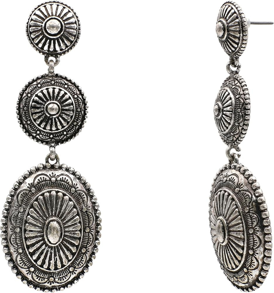 Triple Concho Drop Antique Silver Tone Post Earrings | Amazon (US)