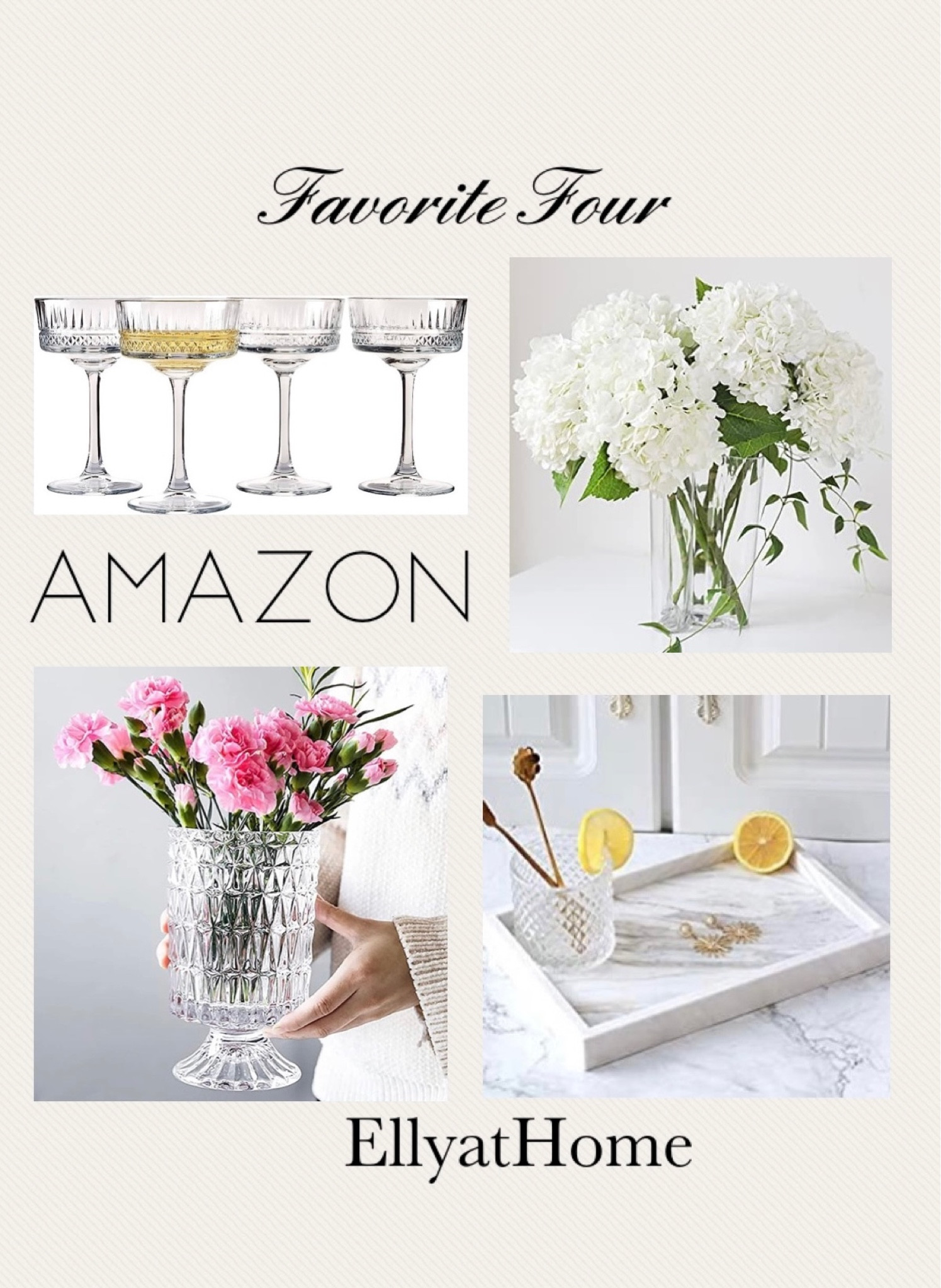 Amazon Favorite Four. Shop coupe glasses, faux hydrangeas, glass vases, marble trays. Elegant home decor accessories. Interior styling. Classic, modern traditional, chic, cottage home style. 

#LTKhome #LTKsalealert #LTKunder50