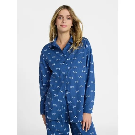 No Boundaries Sleepwear Woven Cotton Button-Down Shirt, Women's XS-XXL | Walmart (US)