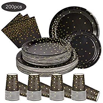 200PCS Disposable Black and Gold Paper Plates and Napkins Cups Sets Black and Gold Party Supplies... | Walmart (US)