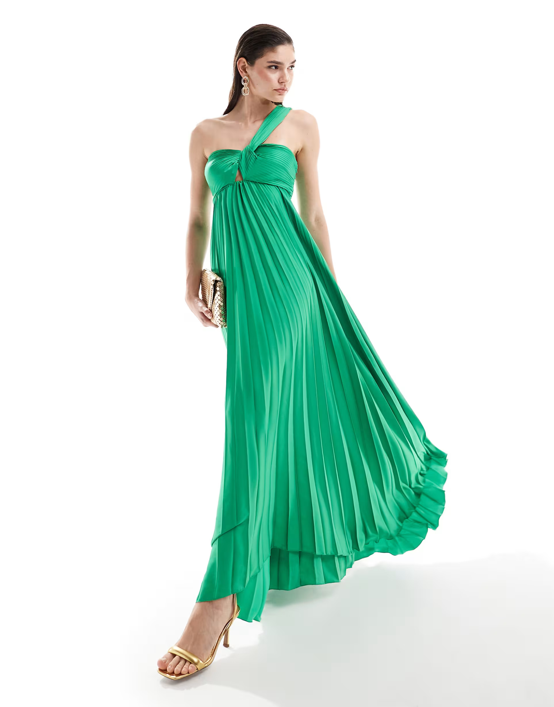 Mango one shoulder pleated maxi dress in green | ASOS | ASOS (Global)
