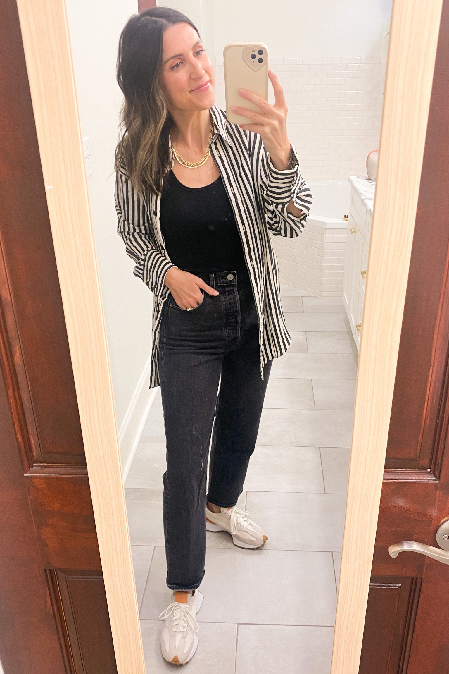Wearing XS in striped button down. Jeans fit TTS - wearing the shorter length. Size up 1/2 size in New Balance (I sized up one whole size)  

#LTKshoecrush