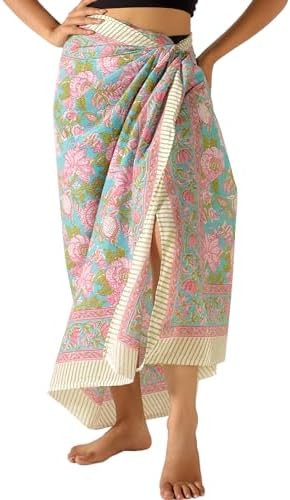 100% Cotton Sarong Cover Up for Women Indian Block Print Beach Wrap Skirt Long Boho Swimsuit Biki... | Amazon (US)