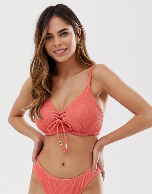 Pour Moi Fuller Bust Escape underwired rib lace up bikini top in coral | ASOS (Global)