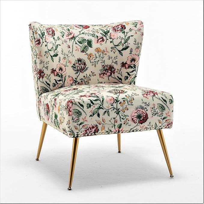 Thia Armless Accent Chair for Living Room, Elegant Seat with Nailhead Trim, Gold Metal Legs and C... | Amazon (US)