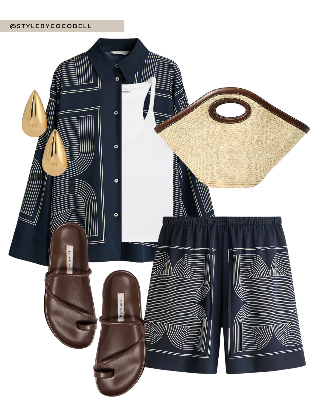 A sleek summer co-ord with a bold graphic print — love how elevated this set feels. Styled with rich brown sandals and a structured raffia tote for a polished, warm-weather look. Perfect for city days or holiday dinners. 

 #LTKsummer #LTKstyletip