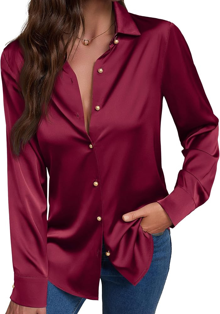 Women's Satin Button Down Shirts V-Neck Long Sleeve Tops Summer Business Office Silk Blouses Fash... | Amazon (US)